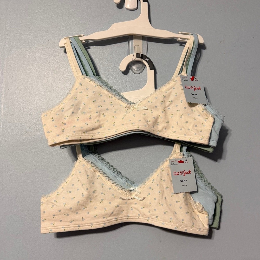Cat & Jack Girl's Size M 2 Packs of 3 Bralettes Blue Floral Sage Green 2553